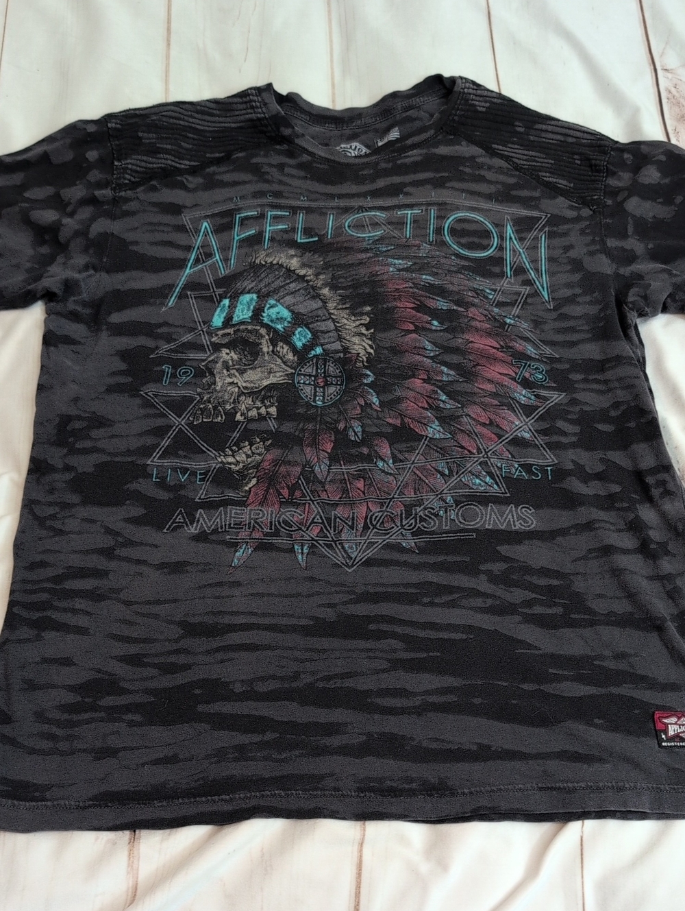 Affliction American Customs Mens XL Live Fast Skull Headdress Double Sided Tee